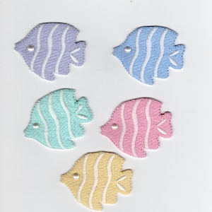 May include: Five embroidered fish appliques in pastel colors: lavender, blue, mint green, pink, and yellow. Each fish has white vertical stripes, a small pearl bead, and a decorative tail fin.