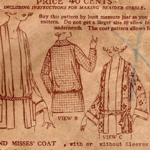 May include: Vintage sewing pattern for a ladies' and misses' coat, featuring multiple views with and without sleeves or a collar. The illustrations show different coat designs with braided girdles and pockets. The pattern includes instructions.