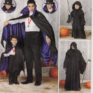 May include: Simplicity pattern 1349 features Halloween costumes. The image shows a man and child in vampire capes with top hats, and a child in a hooded Grim Reaper costume. Pumpkins are also visible.