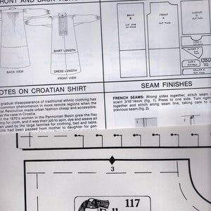 May include: A black and white sewing pattern for a Croatian shirt. The pattern includes instructions for sewing a shirt with a yoke, collar, cuffs, and sleeves. The pattern also includes instructions for finishing the seams with a French seam. The pattern is labeled "117 Folkwear".