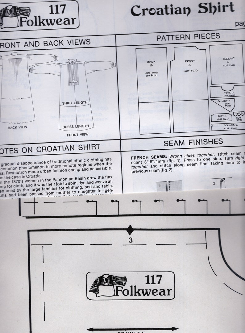 May include: A black and white sewing pattern for a Croatian shirt. The pattern includes instructions for sewing a shirt with a yoke, collar, cuffs, and sleeves. The pattern also includes instructions for finishing the seams with a French seam. The pattern is labeled "117 Folkwear".
