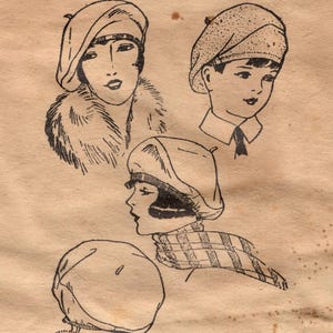 May include: Vintage illustration featuring four sketches of berets. The drawings depict people wearing berets, with varying styles and details. The artwork is in black ink on aged paper, showcasing a classic, retro aesthetic.