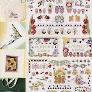 May include: A cross-stitch pattern book titled "Bugs & Blooms" with various floral and insect designs. The cover features a quilted bib, a tote bag, and other stitched projects. The book includes the text "60+ Easy-Stitch Designs".