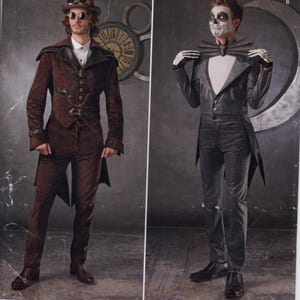 Peut inclure: Patron de couture Simplicity S0675 pour deux costumes. Le premier costume est une tenue d'inspiration steampunk avec une veste, un pantalon et un chapeau haut de forme marrons. Le deuxième costume est une tenue sur le thème du squelette avec une veste, un pantalon et un nœud papillon noirs. Le patron est conçu et imprimé aux États-Unis.