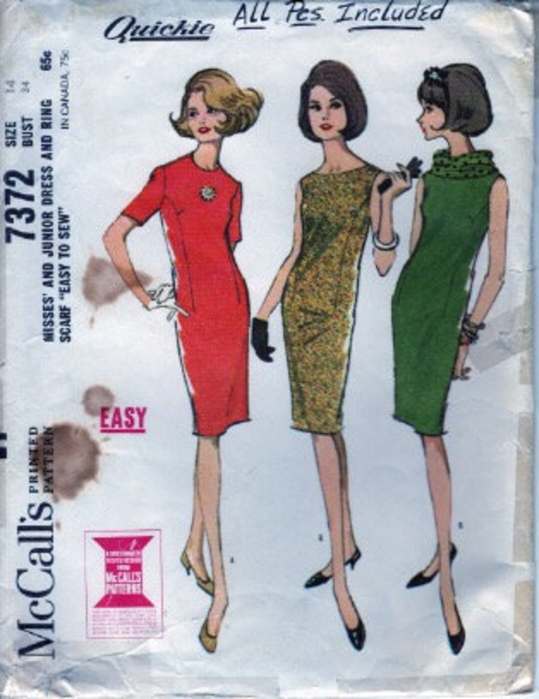 1964 Mccall's 7372 Misses' and Junior Dress and Ring Bust