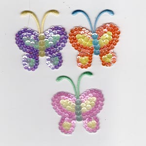 3 pastel sequin butterflies. Patch Applique.
