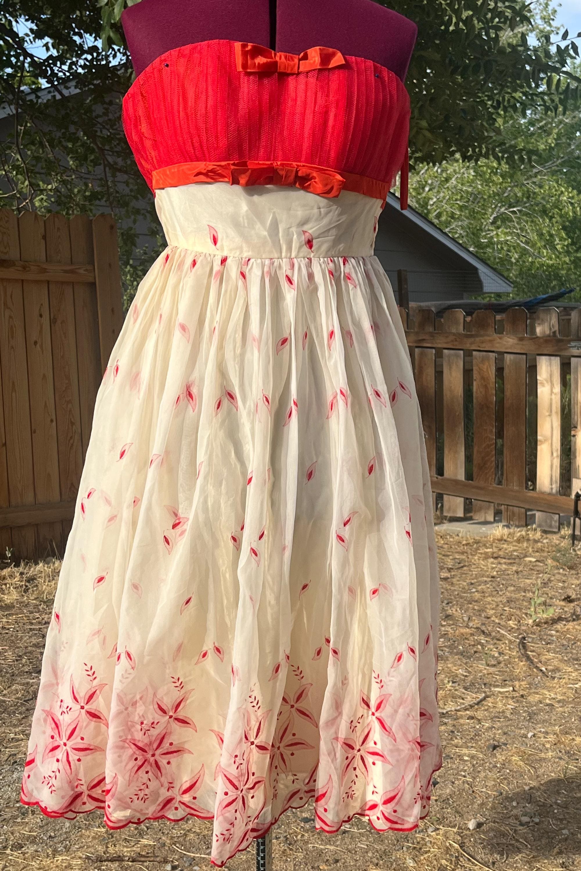 red and white 50s dress Vintage 1950s Red and White Dress. Strapless. Red Flocked Floral Print. 24