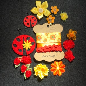 May include: Assortment of red and yellow felt craft supplies, including ladybugs, flowers, and ribbon. The ribbon is yellow with red and white accents and says "Let's Craft!"