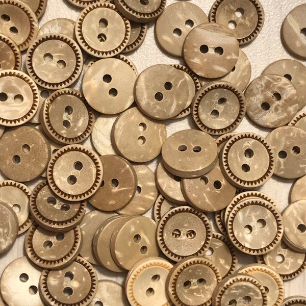 New small and cute Two-hole coconut buttons with sawtooth border. 11.5 mm or 1/2 inch. Package of 10