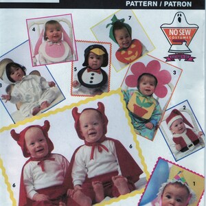 May include: A Simplicity pattern for making no-sew baby costumes. The pattern includes instructions for making a pumpkin, flower pot, penguin, angel, devil, and clown costume. The pattern also includes a HeatnBond iron-on adhesive.