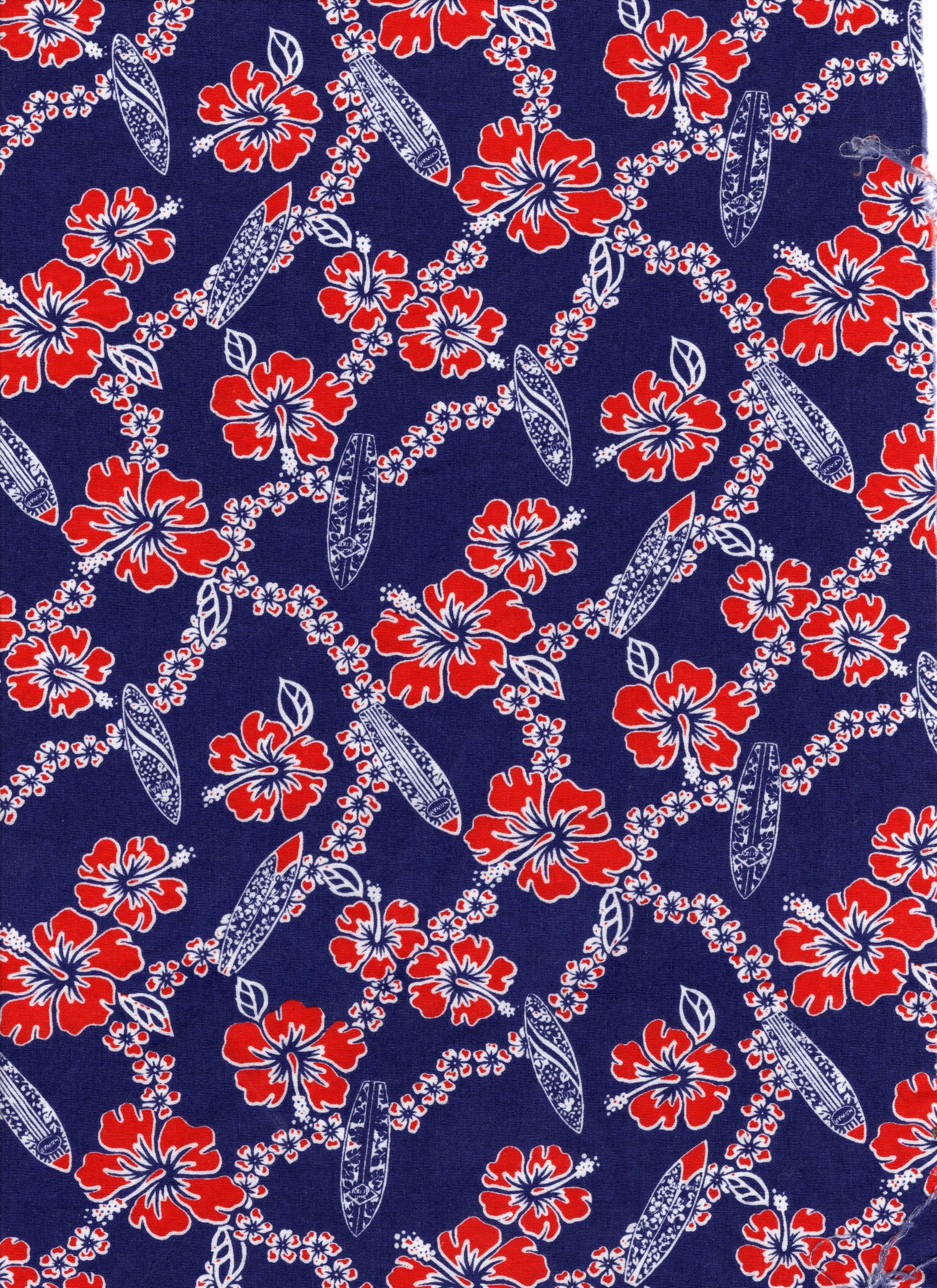 Vintage Dark Blue and Red Hawaiian Print Fabric. Hibiscus and