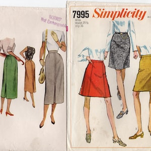 May include: Vintage Simplicity sewing pattern envelope. The envelope features illustrations of skirts in various colors, including green, brown, gray, red, and yellow. The text on the envelope reads "7995 Simplicity" and includes measurements for Miss, Waist 25 1/2, and Hip 36.