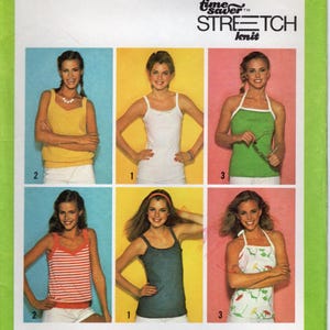 May include: Simplicity 9035 sewing pattern for knit tops. The pattern features various tank top designs, including striped, solid, and halter styles. The pattern is available in sizes 10, 12, and 14. The text "Time Saver Stretch Knit" is also visible.
