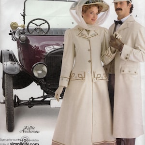 May include: A vintage sewing pattern for a woman's long coat and a man's coat. The pattern is from Simplicity and is for sizes 8-18 and XS-XL. The pattern includes instructions for making the coats, as well as a diagram of the pieces.