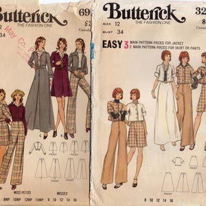 Puede incluir: Dos sobres de patrones de costura Butterick vintage. Uno presenta una variedad de atuendos femeninos, incluyendo un abrigo largo, pantalones y un vestido. El otro muestra una chaqueta, falda y pantalones. Los patrones son talla 12, contorno de busto 86 cm.