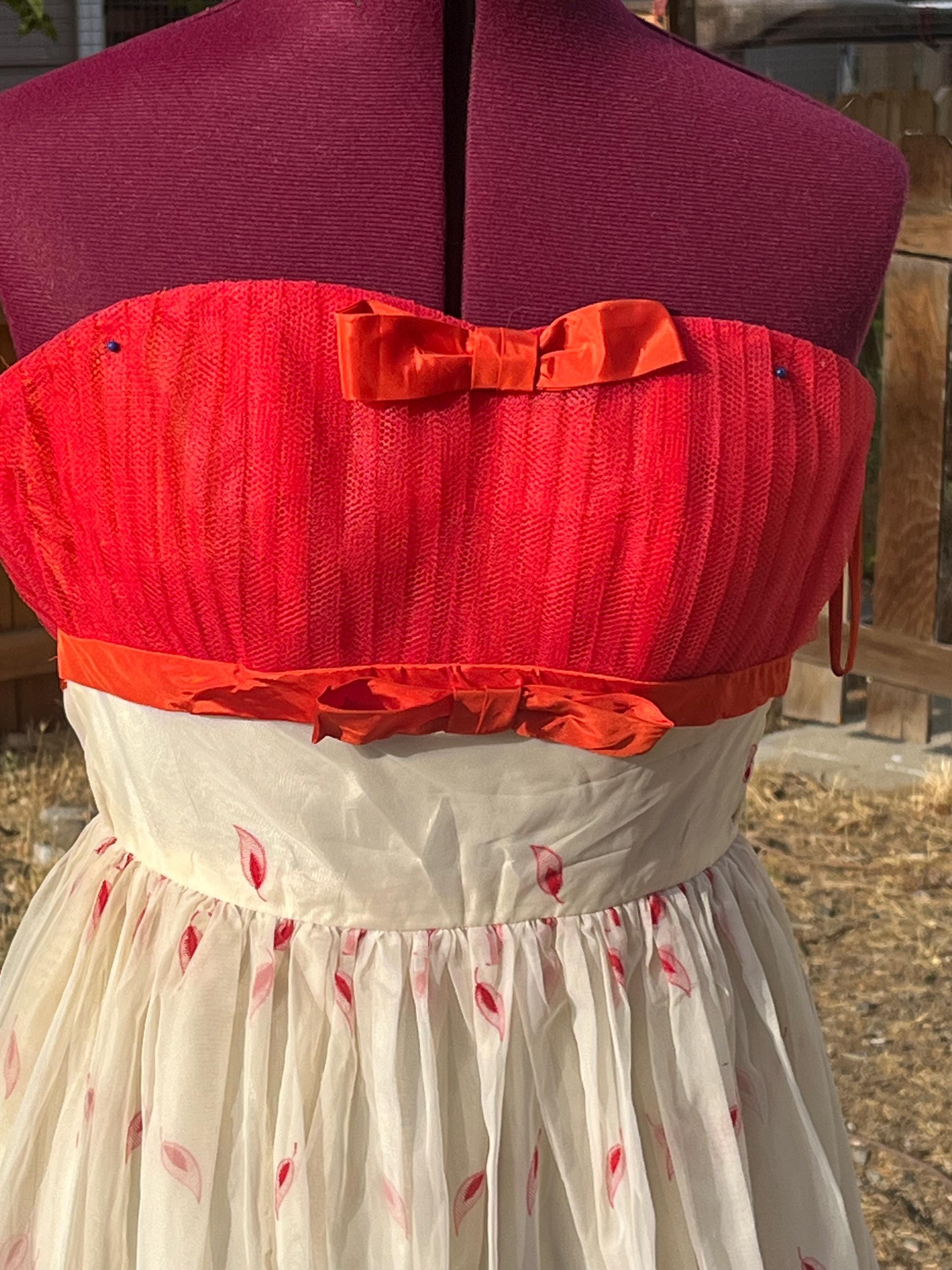 red and white 50s dress 50s 1950s RED and WHITE Printed Cotton Full Skirted Dress With Bow Detail - Mid Century Fit and Flare Day to Party Dress - XS