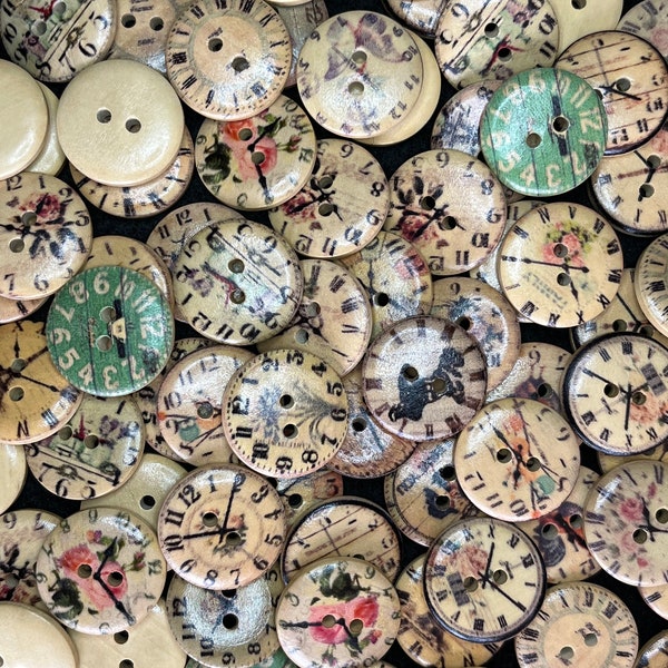 Wood clock printed buttons. 10 per package. Approximately .75 inches