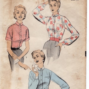 May include: Vintage sewing pattern titled "Advance 6686" featuring illustrations of women's blouses. The pattern includes a short-sleeved red and white checkered blouse, a white blouse with red rose print, and a light blue blouse. Size 14, Bust 32.