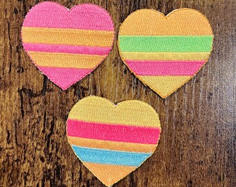 Colorful embroidered heart iron on applique, Patch. Horizontal stripes