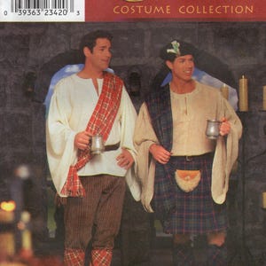 May include: Simplicity Celtic Costume Collection pattern featuring two men in traditional Celtic attire. One wears a white tunic, plaid sash, and brown pants. The other wears a kilt, plaid shawl, and a hat. The pattern includes sizes BB L, XL.