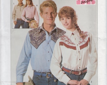 May include: A sewing pattern for two shirts, one blue and one white, with a western style. The pattern is from Simplicity and designed by Shirley Botsford. The pattern number is 7808 and the size is MD (35-36 1/2).