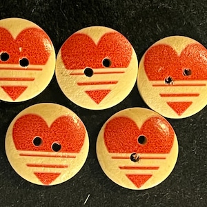 5 wood buttons with a red printed heart