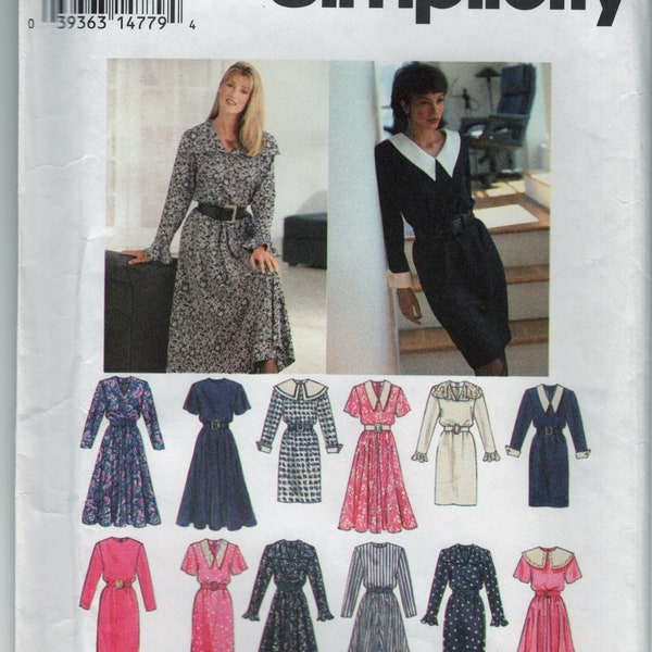 1996 Simplicity 8726 Misses'/Miss petite dress with slim or flared skirt.