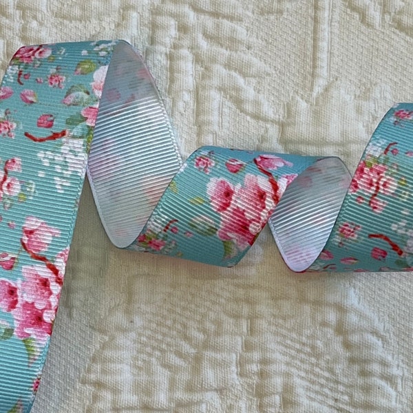 Light blue ribbon with pink flowers. Grosgrain. New