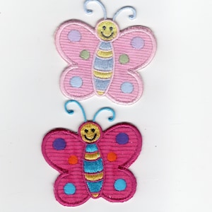 Happy embroidered pink butterfly patches, appliques. Iron-on