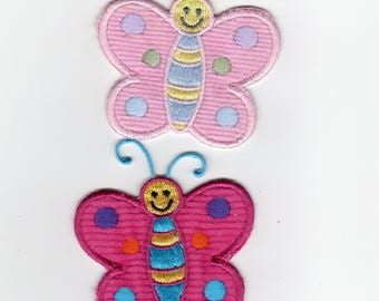 Happy embroidered pink butterfly patches, appliques. Iron-on