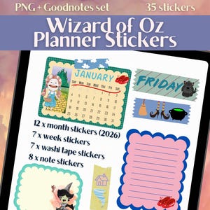 May include: Digital planner stickers featuring a Wizard of Oz theme. Includes stickers for months, weeks, washi tape, and notes. The stickers have illustrations of characters and elements from the classic movie, with the text "Wizard of Oz Planner Stickers".