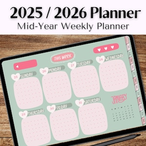 2025 2026 Mid Year Digital Planner, Dated Daily, Weekly, Monthly Digital Calendar, iPad, Goodnotes Landscape Green Pink Cute Planner