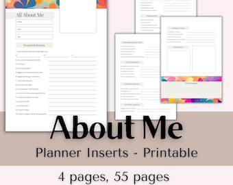 All About Me Questions Planner Inserts – Printable Journal Inserts (4 Pages, 55 Prompts)