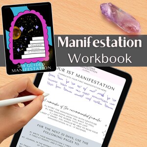 May include: A digital tablet displaying a "Manifestation Workbook" with a purple and black cover design. The image includes a hand using a stylus, a crystal, and text that reads "369 Guided Manifestation Journal".