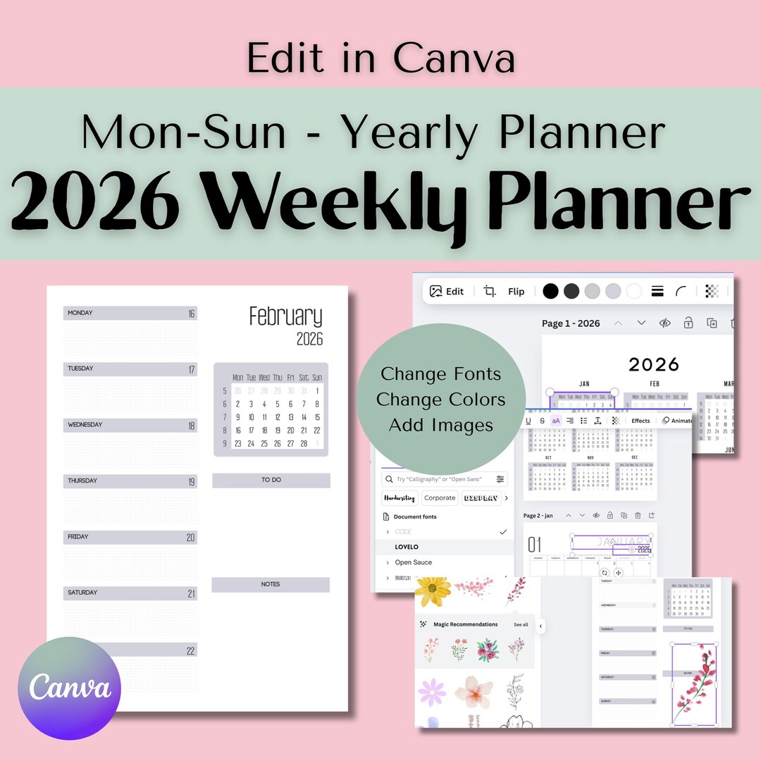 Editable 2026 Weekly Planner Template, Minimalist Canva Design (digital ...