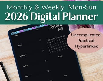 2026 Dark Mode Planner: Weekly Hyperlinked planner for iPad, Goodnotes, Tablets