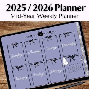 2025 2026 Mid Year Digital Planner, Dated Daily, Weekly, Monthly Digital Calendar, iPad, Goodnotes Coquette Cat Planner, Dark Mode Planner