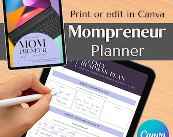 52-Page Mompreneur Planner, Editable Canva Template, Busy Mom Planner, Instant Download PDF