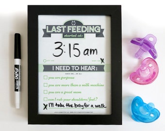 Dry Erase Newborn Feeding Tracker. Baby Shower Gift. GREEN Dry Erase Baby Chart. Baby Feeding Last Feeding Tracker.