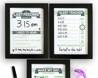 Printable: Dry Erase Baby TRIO, Green | DIY Baby Shower Gift. Last Feeding Tracker. Baby Feeding Chart. Sleep Tracker. Chore Chart.