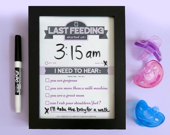 Gift for Mom | Printable Dry Erase Newborn Feeding Tracker, Purple | Baby Shower Gift. Last Feeding Tracker. Baby Feeding Chart.