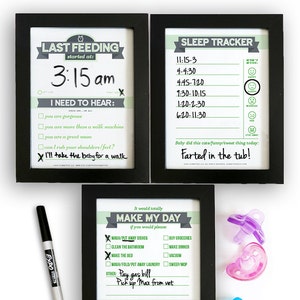 Printable: Dry Erase Baby TRIO, Green DIY Baby Shower Gift for Mums. Last Feeding Tracker. Baby Feeding Chart. Sleep Tracker. Chore Chart. image 1