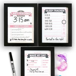 Printable: Dry Erase TRIO Newborn Feeding Tracker, Sleep Tracker, Chore Chart, Pink DIY Baby Shower Gift. Last Feeding Tracker. image 1