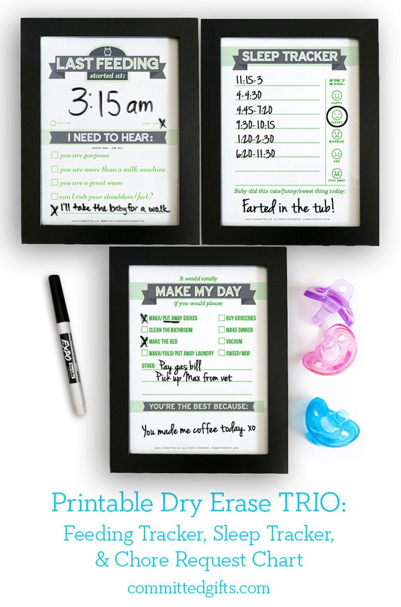 Printable: Dry Erase Baby TRIO, Green DIY Baby Shower Gift for Mums. Last Feeding Tracker. Baby Feeding Chart. Sleep Tracker. Chore Chart. image 1