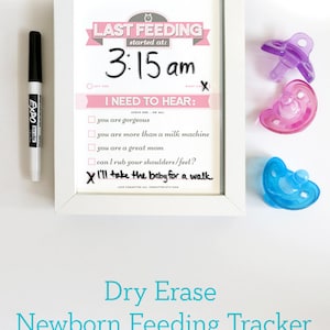 Baby Shower Gift: Dry Erase Newborn Feeding Tracker for New Moms. Pink Dry Erase Baby Chart. Baby Feeding Last Feeding Tracker. Printable. image 1