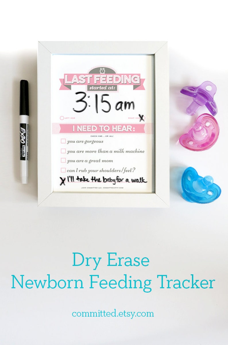 Baby Shower Gift: Dry Erase Newborn Feeding Tracker for New Moms. Pink Dry Erase Baby Chart. Baby Feeding Last Feeding Tracker. Printable. image 1