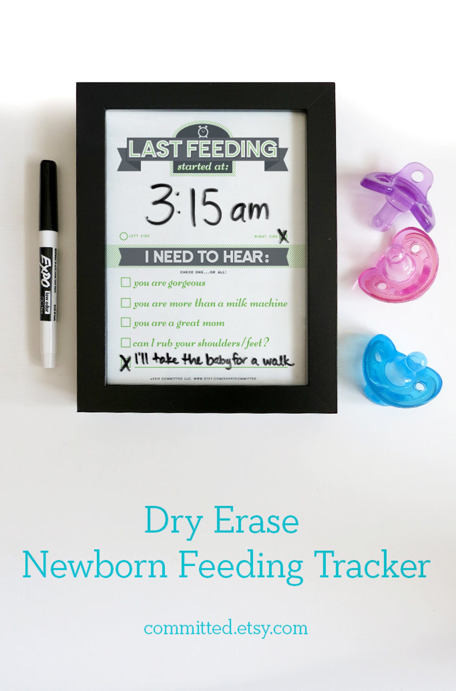 Dry Erase Newborn Feeding Tracker. Baby Shower Gift. GREEN Dry Etsy