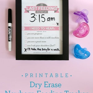 Printable: Dry Erase TRIO Newborn Feeding Tracker, Sleep Tracker, Chore Chart, Pink DIY Baby Shower Gift. Last Feeding Tracker. image 2