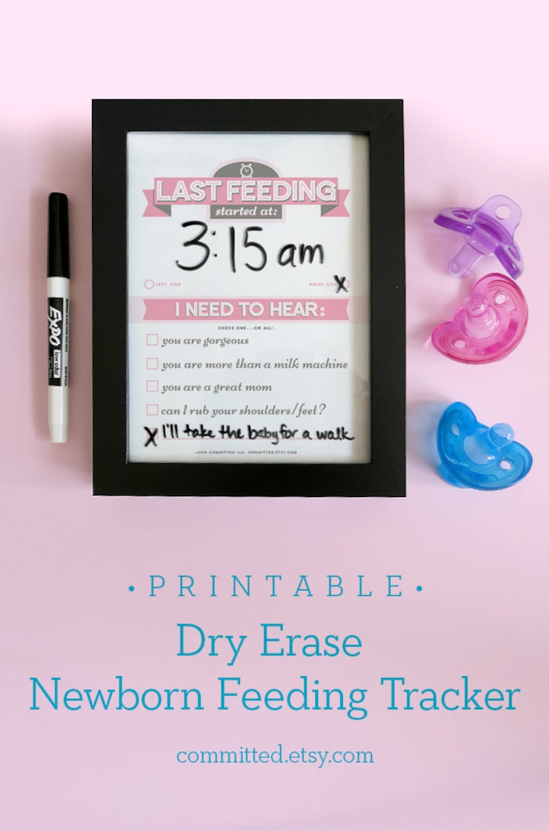 Printable: Dry Erase TRIO Newborn Feeding Tracker, Sleep Tracker, Chore Chart, Pink DIY Baby Shower Gift. Last Feeding Tracker. image 2