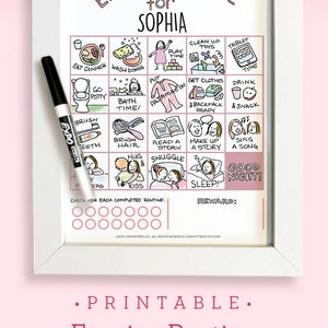 Printable Bedtime Routine Chart Game for Toddler & Preschooler Dry Erase Hand-Illustration Evening Routine Girl image 1